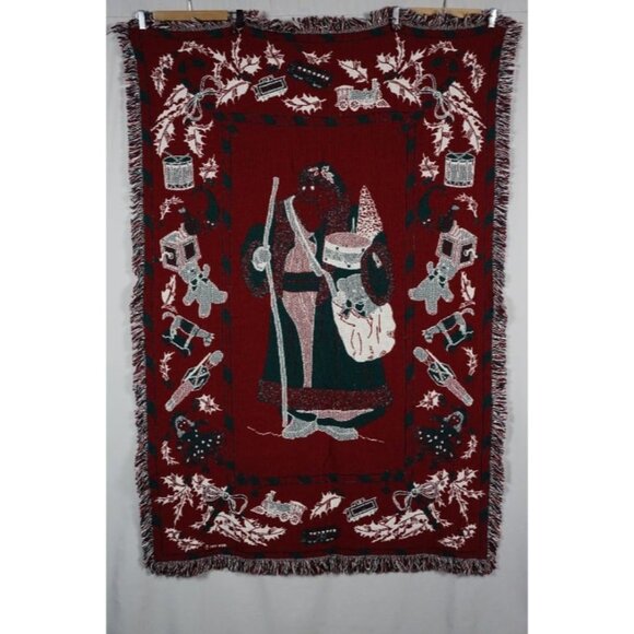 Vintage 1990 MWW Christmas Throw Tapestry Afghan Blanket Santa Holly - Picture 10 of 10